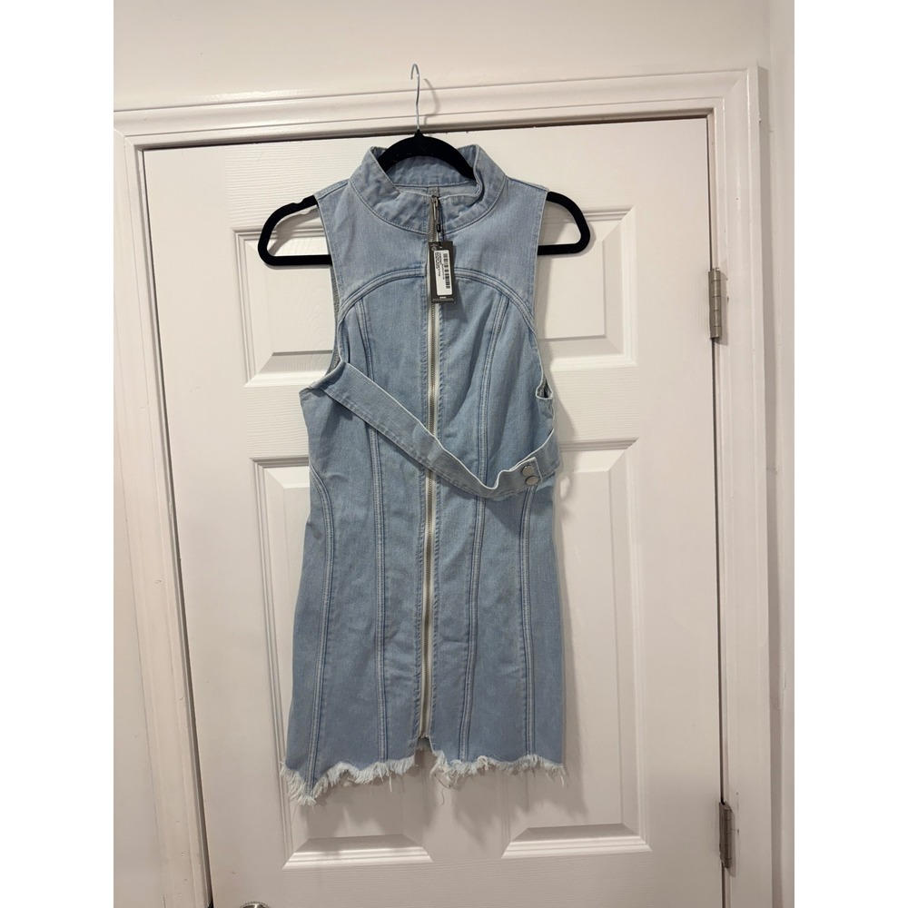 PrettyLittleThing Bleach Wash Zip Through Denim Mini Dress Light Blue Size 4 NEW